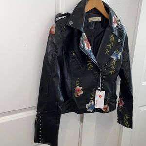 Faux Leather Black Embroidered Jacket NWT